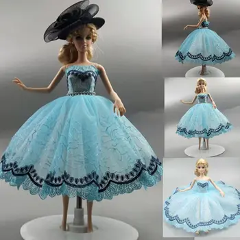 1/6 BJD Azul Floral Vestido de Princesa Para a Boneca Barbie com Roupas Para a Barbie Acessórios de Roupa Strass 3-camada de Saia Crianças Brinquedo 11.5