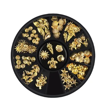 1 Caixa de Ouro Oceano Tema Tachas de Metal Mar Estrela-do-mar Concha de Tartaruga Fatia de Flocos 3d Decoração da Arte do Prego Na Roda DIY UV Ferramentas de Manicure