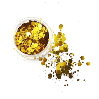 12pcs cor Dourada Hexágono Grande Glitter Pó de Lantejoulas tamanho da Mistura francês Acrílico UV Gel Polish Dicas Pó Brilhante Brilhante Nail Art 3D