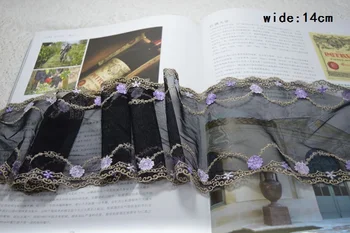 14cm de largura 2meters/monte negro gaze púrpura Bordado de flores de renda guarnição do laço para o vestuário e decoração de casamento