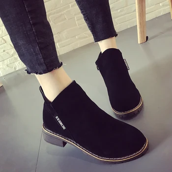 2018Women do Outono de Sapatos Senhoras de Preto Curto Botas Para Mulher Ankle Boots Feminina Praça de Salto Baixo Zíper Esfoliação Plataforma size35-40