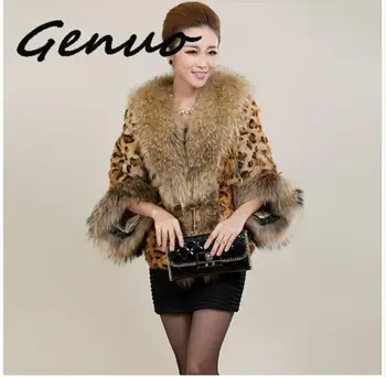 2019 Moda Sexy Inverno Mulheres de Peles de Leopardo Casaco Com Guaxinim Cachorro Gola de Peles Poncho Gilet Chalecos De Pelo Mujer S-3XL