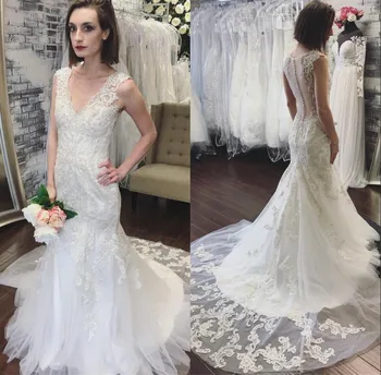 2020 Novos Vestidos De Noiva Com Decote Em V Rendas Appliqued Contas Sem Mangas Até O Botão De Voltar Vestidos De Casamento Real Imagens De Sereia Vestido De Noiva