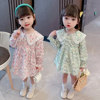 2021 Outono Novo Estilo Coreano Crianças, Roupas De Bebê Meninas Algodão Lapela Colares Floral Vestido Casual Crianças Vestidos