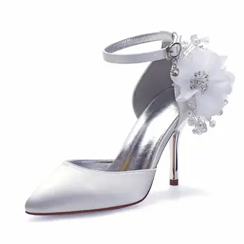 2022 Cetim Pérola Flor De Salto Alto Sapatos De Casamento Dedo Apontado Fita Laço Salto De Baile, Noite, Festa Formal Vestido Bombas Para Mulheres