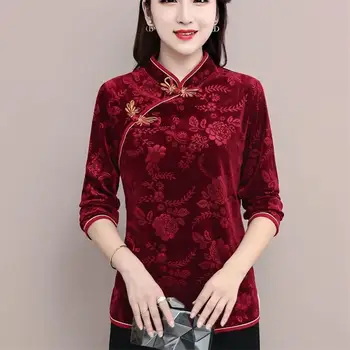 2022 chinês tradicional veludo qipao blusa camisa diário tang terno cheongsam qipao mulheres retro jacquard camisa blusa chinês