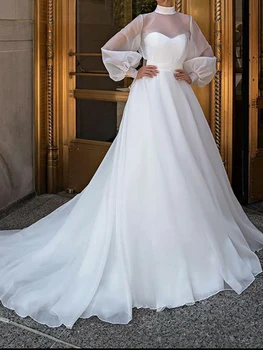 2022 Sexy Bola Branca Vestido de Noiva Longo Puffy Mangas, com Gola Alta de Noiva de Tule Vestido Longo vestido de noiva encaje