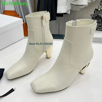 2022 Tecido De Couro Dedo Do Pé Quadrado Curto Botas Para Mulheres Mulheres De Luxo Designer Lado Do Zíper De Metal Estranho Calcanhar Sólido Sapatos Da Moda
