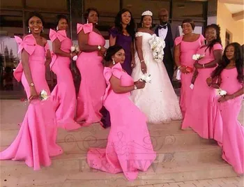 2023 Africana Fúcsia Vestidos De Dama De Honra Longo De Cetim Elástico Mangas Preto Meninas De Vestido De Dama De Honra Vestidos De Festa De Casamento