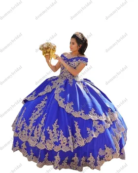 2023 Fantasia Ouro Enfeite De Cetim Azul Royal Vestidos De Quinceanera Charra Tema Da Festa De Aniversário Do Doce 15 16 Vestido De Baile De Máscaras