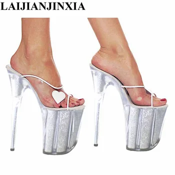 20cm de Mulheres Ultra Sapatos de Salto Alto Rainha de Cristal Sapatos de Plataforma em Forma de Coração Partido Chinelos de 8 Polegadas de Sapatos de Salto Alto