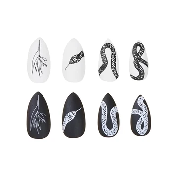 24pcs/1box Black&White Snake Nail Art Unhas postiças + Cola Decorações Cobertura Completa Falso Manicure Estilo Gótico Legal Serpentina