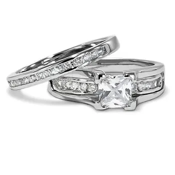 2Pcs/set de Luxo Cristal de Zircão Anéis de Casamento para as Mulheres Encanto Cor Prata Brilhante Anéis de Noivado Conjunto de Acessórios de Jóias Presentes