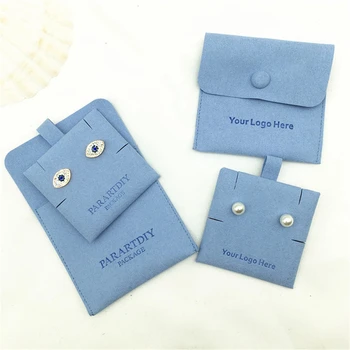 50 conjuntos de azul personalizado de jóias de embalagem sacos de logotipo personalizado botão de moda de bolsa de pequeno envelope saco de colar o clip de microfibra