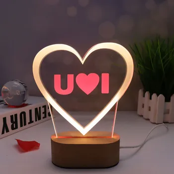 Alimentação USB Romântico 3D Acrílico da Noite do DIODO emissor de Luz 2 Cores de Luz da Lâmpada de Mesa do Dia dos Namorados Presente de Férias Base de Madeira