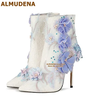 ALMUDENA Azul cor-de-Rosa Flores em 3D de Renda Ankle Boots Fino Salto Alto Floral Frisados de Cristal de Casamento Sapatos de Glitter Luxo Banquete Bombas