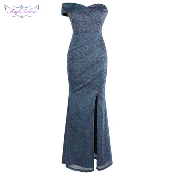 Anjo-modas de Mulheres Elegantes Vestidos de Noite Longos Off Ombro Plissado Slit Vestido Festa Formal Azul 443
