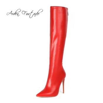 Arden Furtado de Moda de Sapatos femininos Inverno Dedo Apontado Saltos Stilettos Concisa Cor Pura e brilhante em couro vermelho Zíper Botas femininas