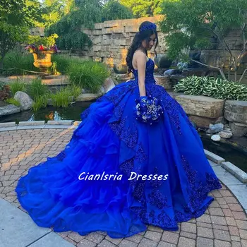 Azul Royal Querida Babados Mexicano Vestido Quinceanera Bola Vestido sem Mangas Apliques de Lantejoulas Espartilho Vestidos De XV Anos