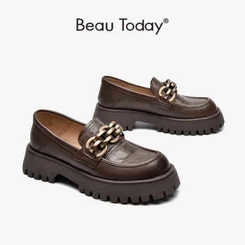 BeauToday-sapatos grossos de vaca couro genuíno para as mulheres, sapatos de plataforma, dedo do pé redondo, corrente de metal, fios, feito a mão, FS27748