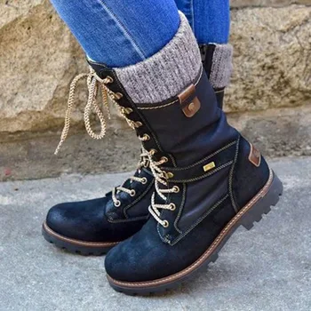Botas de inverno para Mulheres Básicas Meados de Bezerro Botas para Mulher Dedo do pé Redondo Zip Plataforma de Arranque Sapatos Femininos Quente Lace Up Boots Sapatos 896