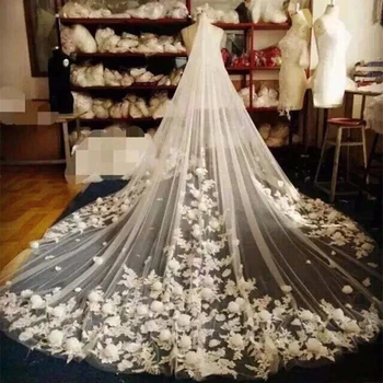 Branco 3D Flor Longo Véu de Noiva Com Flores Véu Véus Com Pente Para Casamento Personalizadas Cor e Tamanho Véus De Noiva