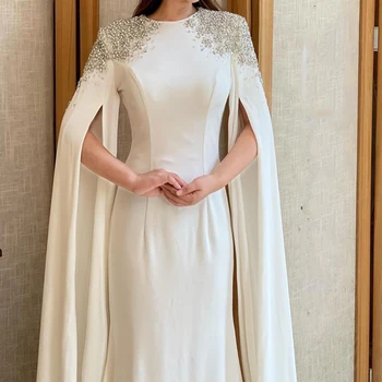 Branco Dubai Graça Caftan Vestido de Noite Formal, 2022 Laço Frisado O - Pescoço Mangas compridas árabe Muçulmano Vestidos de Baile robe de sarau