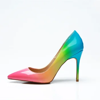 Brilhante novo cor do arco-íris fino salto alto sexy pontiagudo dedo do pé escorregar no salto alto bombas de mulheres do partido do vestido de casamento sapatos de 2018