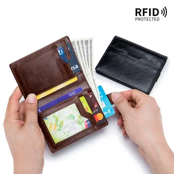 Cartão RFID Titular da Carteira para os Homens de Cartão de Crédito Saco de Dinheiro na Bolsa de Negócios do sexo Masculino de Couro Genuíno Retirada Titular Slim Curto Carteira