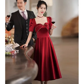 Cetim Pérola de Casamento Vestido de Noiva Curto Noite Vestidos de Festa Elegante das Mulheres de Dama de honra, Vestido de Baile Estilo Oriental, vestido de Pano China