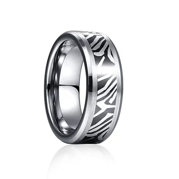 Cor de prata de Carbono Anéis Para Homens 8mm Padrão Zebra Anel de Aço de Tungstênio