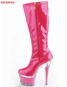 Cor-de-rosa de Couro de patente mulher longas botas de plataforma de salto de moda quente, botas de cano alto concisa vestido de festa de sapatos femininos motocicleta de inicialização