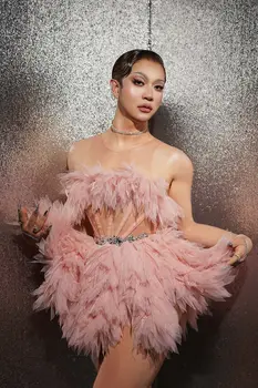 Cor-de-rosa de Malha Franjas Pedras Transparentes Vestido Cantora Desempenho mini Vestido de Aniversário de Dança Celebrar Sexy Traje