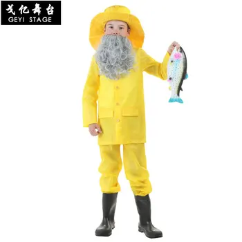 Cos pescador traje de Halloween, o dia das crianças desempenho traje adulto, para crianças de pesca traje brilhante capa de chuva amarela, paren