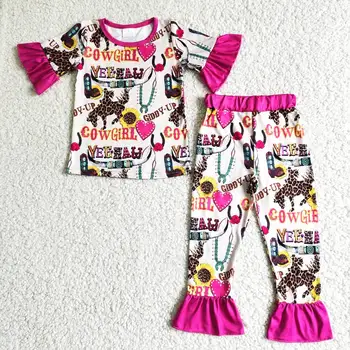 Cowgirl menina plissado roupas de manga curta pijama de verão de primavera de crianças vestuário