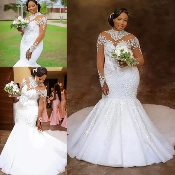 Cristal Cintilante Sereia Vestidos De Noiva 2023 Africana, Nigéria Ilusão De Manga Longa De Renda Jardim Floral De Plus Size Vestido De Noiva