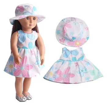 De 18 Polegadas de Boneca Americana de Verão Meninas de Impressão Vestido Azul + Chapéu de Bebê Recém-nascido Brinquedos Acessórios de Ajuste 40-43 Cm Menino Bonecas de Presente c216
