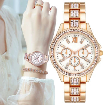 De Luxo, Três Olhos Com Diamantes Mulheres Relógio De Quartzo Nova Marca De Moda De Senhora, Relógios De Ouro De Rosa Do Bracelete De Aço Inoxidável Do Relógio De Presente