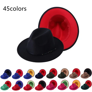 Dois-tom fedora mulheres da cadeia de jazz chapéu clássico preto e vermelho jazz cartola outono e inverno unisex direto com a aba do chapéu