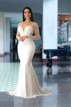Elegante Ilusão de manga Longa Sereia vestido de noiva Vintage sem encosto espanhol O vestido de noiva com Decote Vestido de Noiva