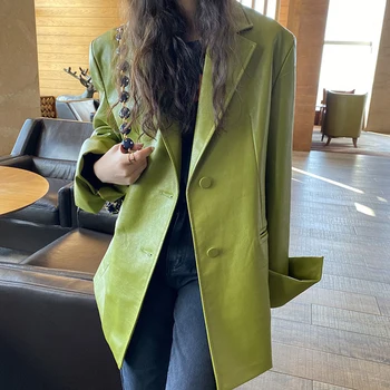 Elegante Jaquetas de Couro Para Mulheres 2022 Nova Primavera, Outono de Couro PU Tops Plus Size Solta Senhora Blusão Bolso Grande Coats