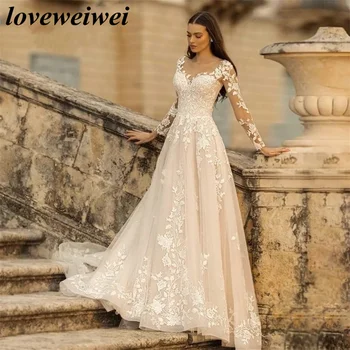Elegante, O Decote de Vestidos de Casamento do Laço de Uma Linha Boho de Casamento Vestido de Mangas compridas de Casamento Vestidos de Noiva Com Apliques de vestido de noiva