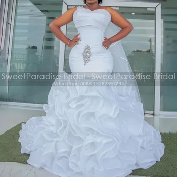 Em Cascata Babados Vestido De Noiva Sereia Pesadas Esferas De Cristal Branco De Organza Mulheres Plus Size Fofo Longos Vestidos De Noiva Vestido