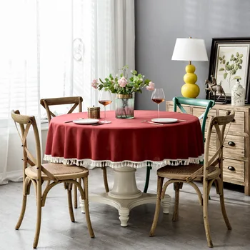 Estilo europeu moderno impermeável de cor sólida toalha de mesa de poliéster, Imitação de algodão, de linho, de borla laço de jantar toalha de mesa redonda