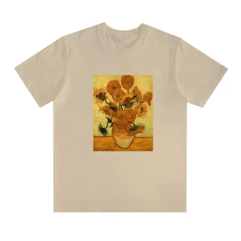 Fashionshow-JF Van Gogh T-Shirt da Moda de Óleo de Girassol, Pintura de T-shirt de Impressão Casual Simples de Estilo Arte de Manga Curta de Algodão