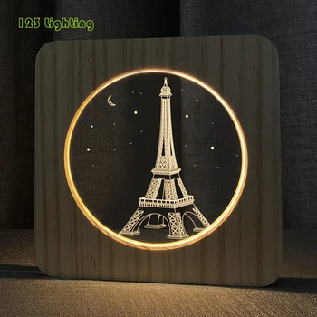 Francês Torre Eiffel Padrão de LED Luzes da Noite USB Plug de Cabeceira de Madeira Mesa de Iluminação lâmpada Noite Quarto em Casa de Luminárias