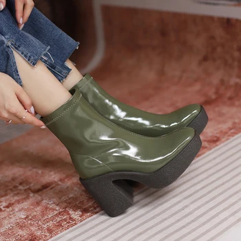 Inverno Patente de couro Sapatos de Plataforma Ankle Boots Slip-on Mulheres Botas de Mulheres Sapatos de Salto Alto Dedo do pé Redondo Moderno Botas de Elástico botas