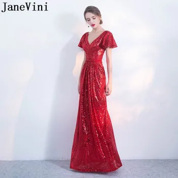 JaneVini Elegante Vermelho Vestido Longo Bling Lantejoulas Senhoras De Vestidos Para Festa De Casamento Jurk Lang Plissado Lantejoulas Vestidos De Dama De Honra Nedime