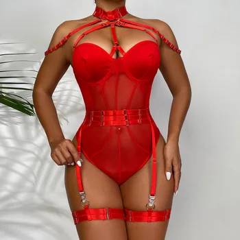 JSY Sexy Pornô Corpo de Lingerie Mulheres Cueca Vermelha de Renda Bodysuit Halter de Ursinhos roupa de dormir Escravidão Lingerie Erótica Porno Fantasias