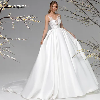 Lakshmigown vestido de noiva 2021 Branco Mancha de Uma Linha de Vestido de Noiva Decote em V Apliques de Renda Noiva Elegante Vestido de Casamento para a Noiva